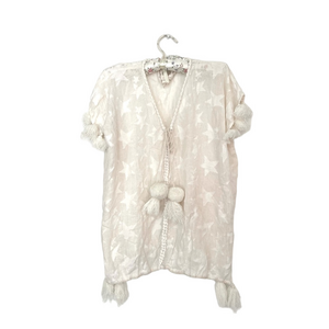 made with love big pom poms Cream Star Patterned Kimono top tunic